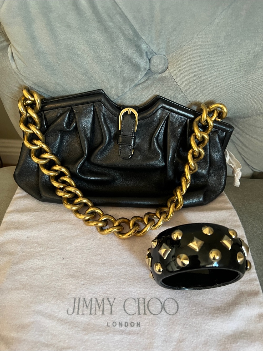 Jimmy Choo Black Leather Shoulder Bag with Gold Chain Strap with bangle bracelet - Picture 3 of 15